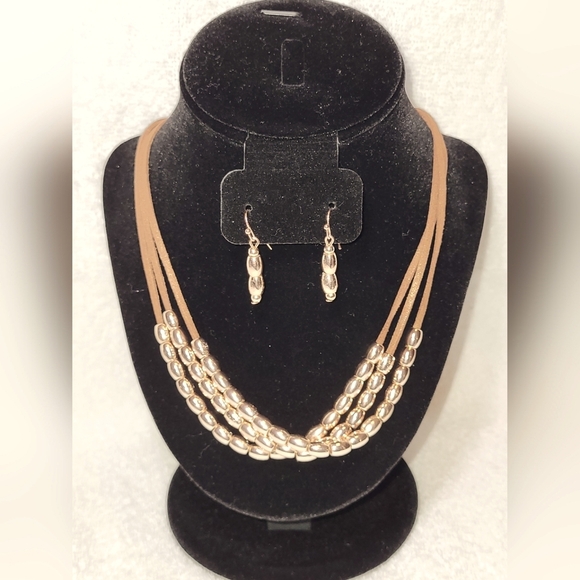 Cato Jewelry - CATO Rose Gold Beaded Corded Necklace and Dangle Earrings Set / Pierced
